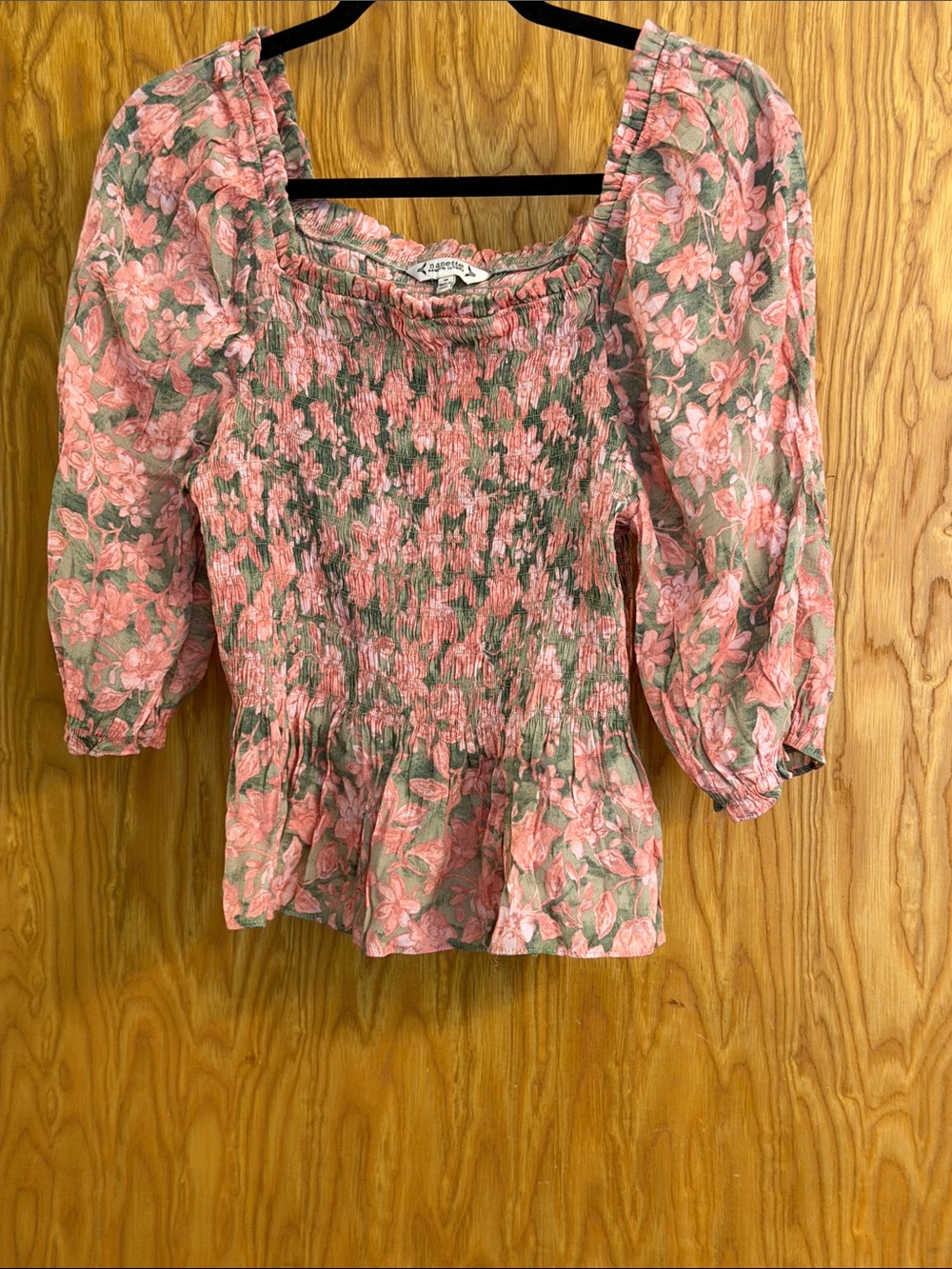 Nanette Lepore Pink & Green Floral Smocked Peplum Blouse